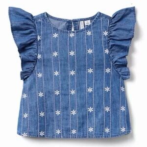 Janie and Jack Blue Denim Flutter Sleeve Top with White Floral Embroidery Sz. 4